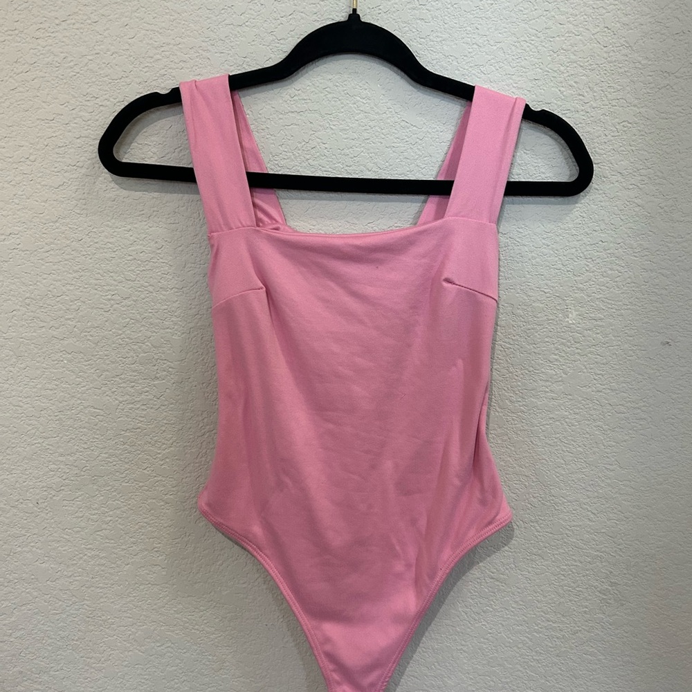 pink square neck wide trap body suit/ open back